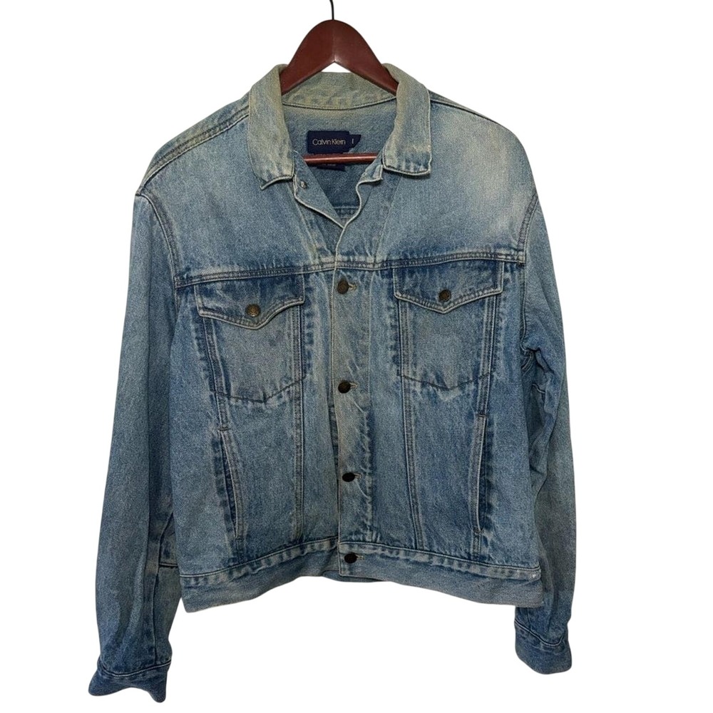 Calvin Klein Denim Jacket Womens L Blue Light Wash Vintage 100% Cotton Button Up